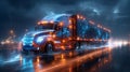 a futuristic semi truck is driving down a wet highway at night.AI generated Royalty Free Stock Photo