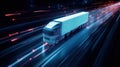 Futuristic semi-truck travels highway. Glowing data streams surround truck. Digital highway shows smart tech, transportation.