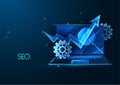 Futuristic SEO Search optimization machine concept with laptop, magnifying glass, arrow and gears