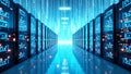 A futuristic server farm surrounded by a glowing digital rainstorm representing data flow and cloud computing Royalty Free Stock Photo
