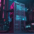 Futuristic Server Rack with Glowing Blue Data Interfaces and Cables data center technology Royalty Free Stock Photo