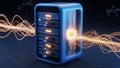 Futuristic Server Rack with Glowing Data Streams and Network Connections technology Royalty Free Stock Photo