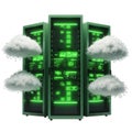 A futuristic server rack with glowing green lights and cloud icons representing cloud computing Royalty Free Stock Photo