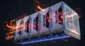 Futuristic Server Rack with Glowing Red Lights and Data Visualizations Royalty Free Stock Photo