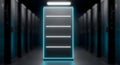 Futuristic Server Rack with Neon Lights in Data Center Aisle: Powerful Technology Background for IT Professionals Royalty Free Stock Photo