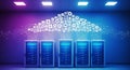 Futuristic server rack setup with digital cloud computing and technology icons illustration Royalty Free Stock Photo
