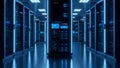 Futuristic Server Room with Blue LED Lights, Data Center Hallway, Technology Infrastructure Royalty Free Stock Photo