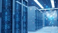 Futuristic Server Room with Blue Lights and Data Flow Royalty Free Stock Photo