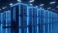 Futuristic Server Room with Blue Neon Lights, Data Center, Cloud Computing, Network Storage Royalty Free Stock Photo