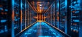 Futuristic Server Room with Blue and Orange Lights Big Data, Cloud Computing Concept. Royalty Free Stock Photo