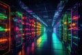Futuristic server room with bright glowing neon lights. 3D Rendering, Data Center Server Room. Network Communication, Colorful