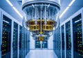 A futuristic server room with a central focus on a quantum Royalty Free Stock Photo