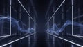 Futuristic server room corridor with blue glowing lights and smoke effects on glass panels Royalty Free Stock Photo