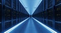 Futuristic Server Room Corridor with Blue LED Lighting and Rows of Racks data center technology Royalty Free Stock Photo