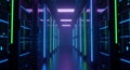Futuristic server room corridor with vibrant blue and green light streams Royalty Free Stock Photo
