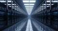Futuristic server room data center aisle with glowing lights and rows of computers Royalty Free Stock Photo