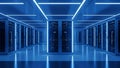 Futuristic Server Room Data Center with Blue Neon Lights, Network Technology Concept Royalty Free Stock Photo