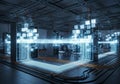 Futuristic server room with digital data streams and floating binary Royalty Free Stock Photo