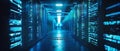 Futuristic server room environment with glowing blue lights and data processing visualization Royalty Free Stock Photo