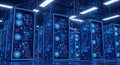 A futuristic server room features rows of illuminated server racks Royalty Free Stock Photo