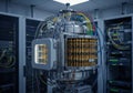 A futuristic server room featuring an AI-generated, metallic quantum Royalty Free Stock Photo