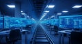 Futuristic Server Room With Blue Lighting and Data Displays Rows of Computers and Desks Creating a Cyberpunk Data Royalty Free Stock Photo