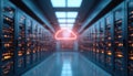 Futuristic server room featuring digital cloud data transfer technology. Backup, data recovery plan, cybersecurity, cloud backup Royalty Free Stock Photo