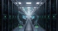 Robotic arms working in a futuristic server room with data displays and conveyor belt show the automation of data processing and Royalty Free Stock Photo