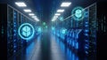 A futuristic server room with glowing blockchain icons and falling binary code. Royalty Free Stock Photo