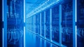 Futuristic server room with glowing blue LED lights and cables Royalty Free Stock Photo