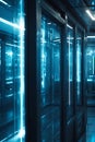 Futuristic server room with glowing blue lights, modern data center tech, Portrait Images Generative AI Royalty Free Stock Photo