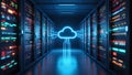 Futuristic server room with glowing cloud symbol Royalty Free Stock Photo