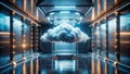 Futuristic server room with illuminated cloud data concept. Generative AI