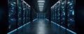The futuristic server room illuminated by glowing blue lights. AI generated image Royalty Free Stock Photo