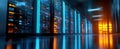 The futuristic server room illuminated by vibrant blue and orange lights. AI generated image Royalty Free Stock Photo