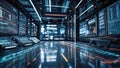 Futuristic server room interior with glowing lights Royalty Free Stock Photo