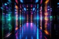 Futuristic server room interior with neon lights. 3D Rendering, Data Center Server Room. Network Communication, Colorful Neon
