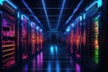 Futuristic server room interior with neon lights. 3D Rendering, Data Center Server Room. Network Communication, Colorful Neon