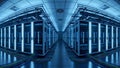 Modern Server Room with Rows of Racks, Glowing Blue Lights and Cables Royalty Free Stock Photo