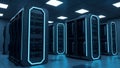 Futuristic Server Room with Neon Blue Lights - Data Center Cloud Computing Royalty Free Stock Photo