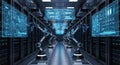 A futuristic server room features robotic arms monitoring holographic data displays for advanced technology applications and data Royalty Free Stock Photo