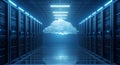 Futuristic server room with cloud computing concept and blue led lights Royalty Free Stock Photo