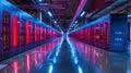 A futuristic server room with rows of glowing servers and a reflective floor. The image depicts the power and complexity of modern