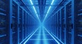 Futuristic Server Room with Rows of Racks and Blue Neon Lighting Royalty Free Stock Photo
