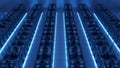 Futuristic Server Room with Rows of Racks and Blue Neon Lights, Data Center Infrastructure Royalty Free Stock Photo