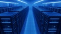 Futuristic Server Room with Rows of Racks, Data Center, Blue Lights, Technology Royalty Free Stock Photo