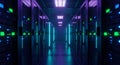 Inside a futuristic server room with vibrant blue and green lights Royalty Free Stock Photo