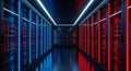 Futuristic Server Room with Rows of Racks Illuminated by Red and Blue Neon Lights data center Royalty Free Stock Photo