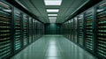 Futuristic server room showcasing glowing connection lines and advanced data management technology in a cinematic style Royalty Free Stock Photo