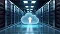 Futuristic server room shows tech data recovery system. Cloud backup concept in progress. Backup plan in modern server room. Data